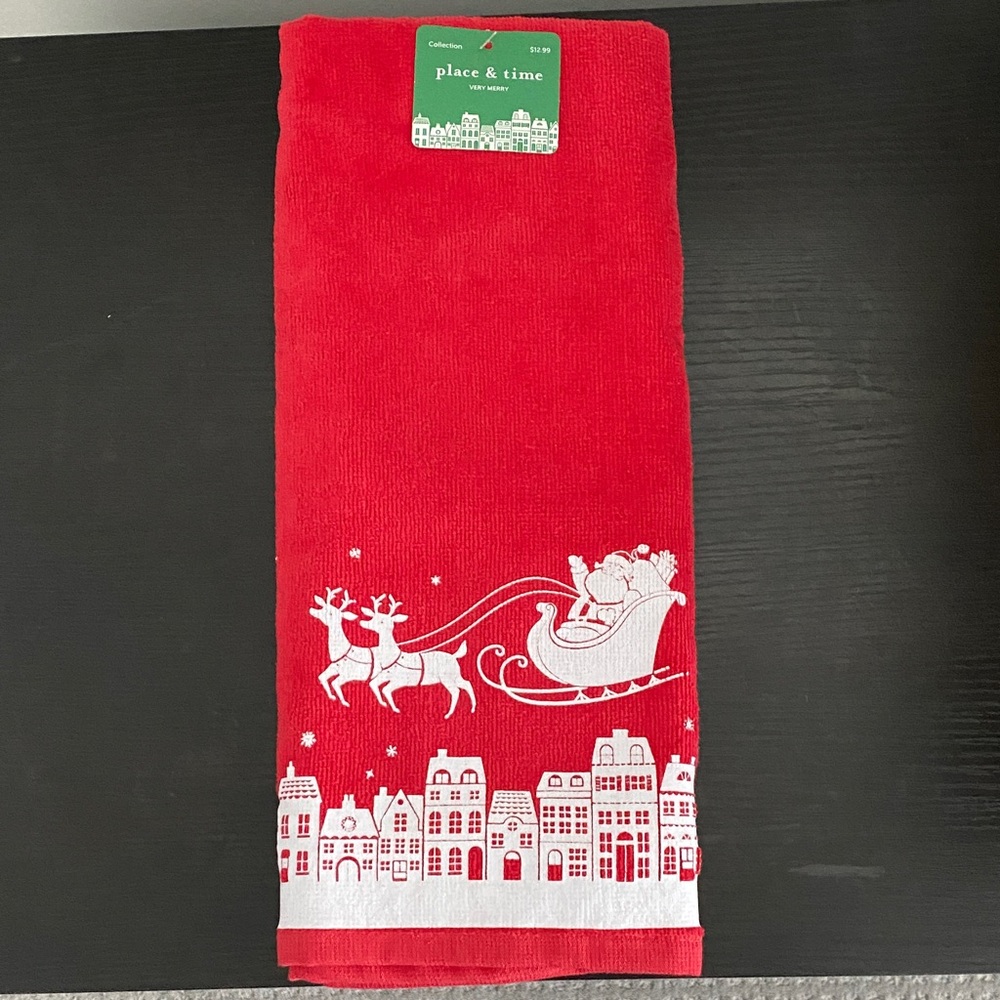 Red Christmas Towel with Santa and Reindeer